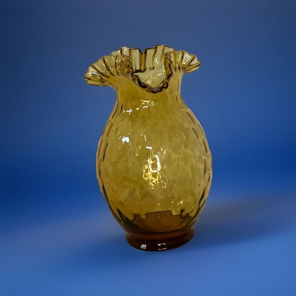 9" Vintage Glass Amber Crimped Bud Vase